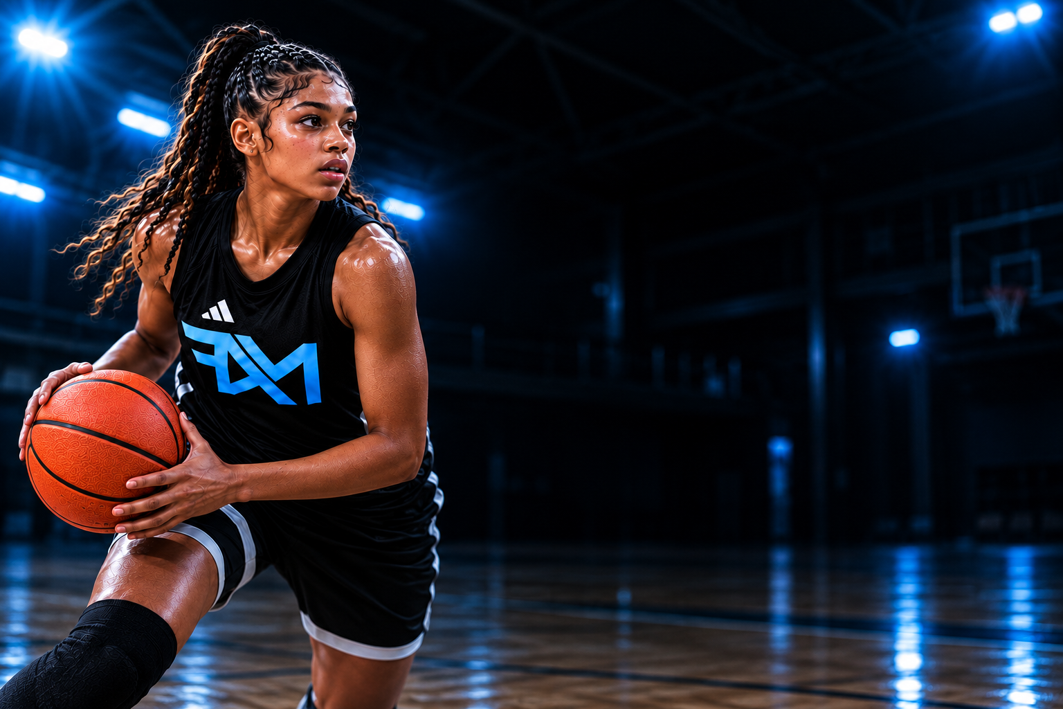 FAM Hoops athlete holding a basketball on a blue-lit court